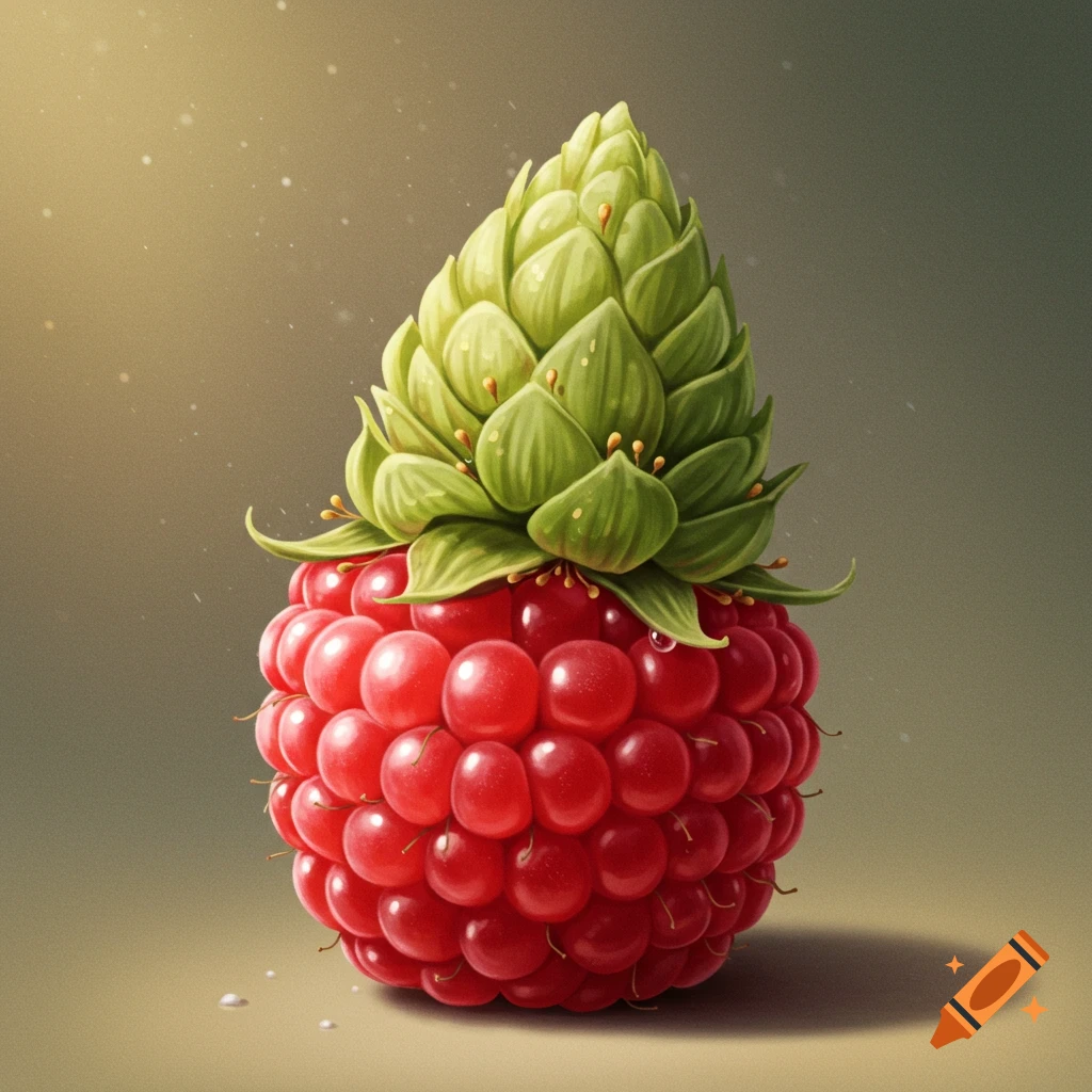 A detailed, photorealistic illustration of a red raspberry with a green hop cone perched on top like a hat.