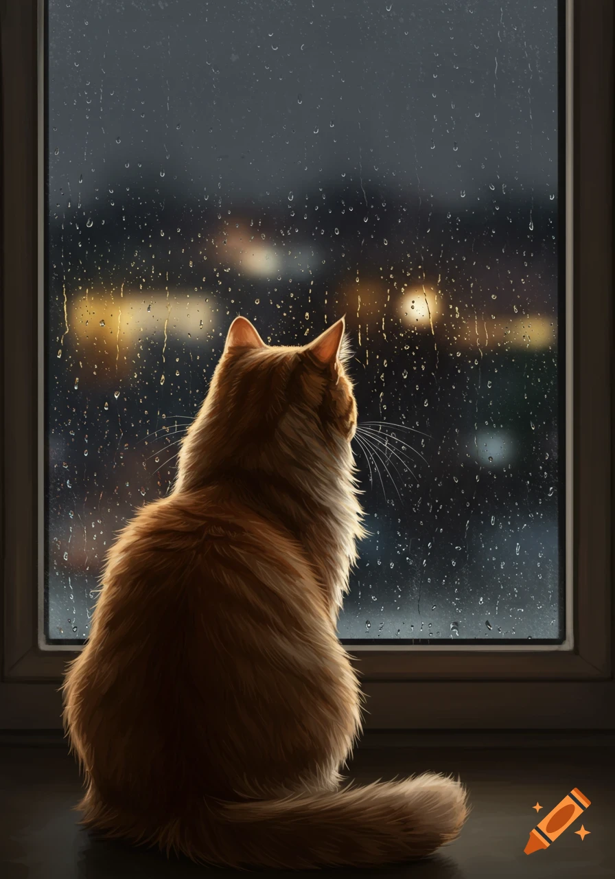 An orange cat sits with its back to the viewer, looking out a window covered in raindrops, with blurry city lights in the background.
