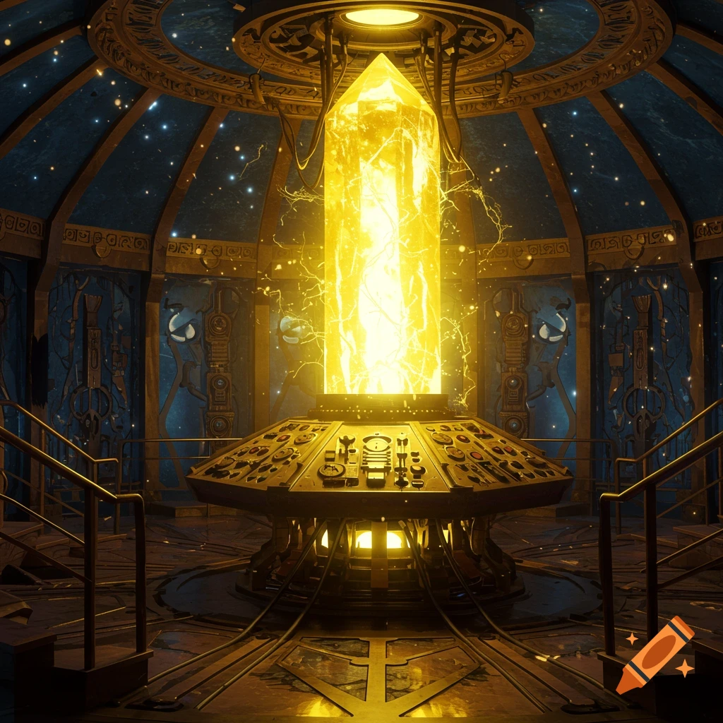 Ornate sci-fi chamber with a glowing yellow crystal at the center of a control console, featuring intricate gold and blue details.
