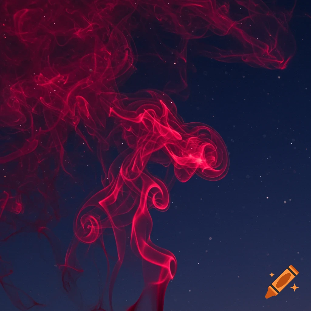 Vibrant red smoke swirls against a dark, starry blue background.