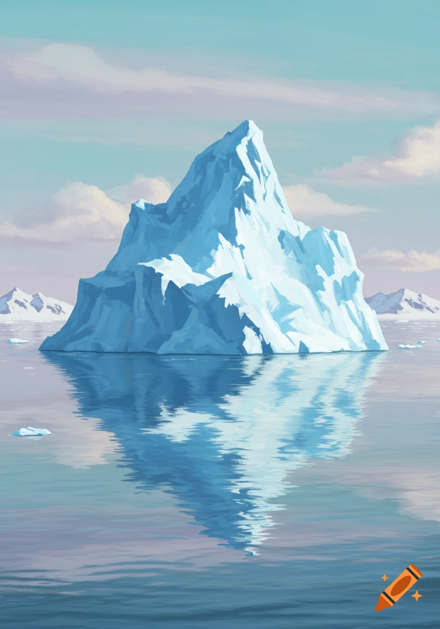 A massive blue and white iceberg floats in calm, reflective water under a pale blue and pink sky, rendered in a stylized, painterly manner.