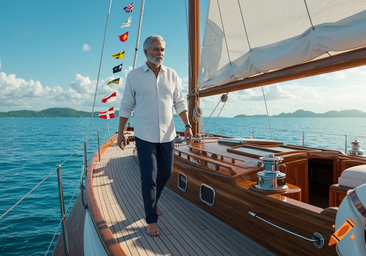 A man with a beard walks barefoot on a wooden sailboat deck under a clear sky, with flags flying and islands in the distance.