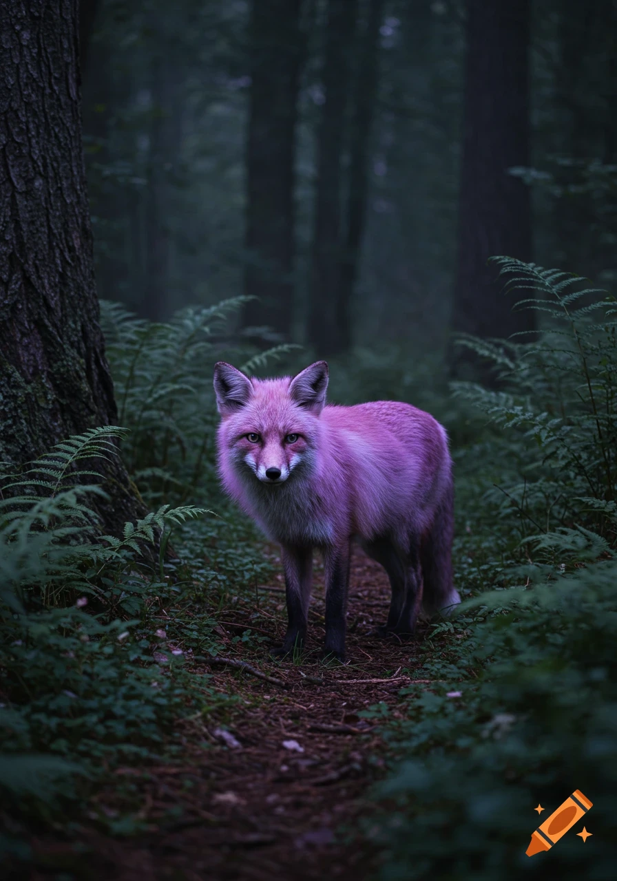 A pinkish-purple fox stands on a dark path in a misty, dark green forest, looking intently forward.