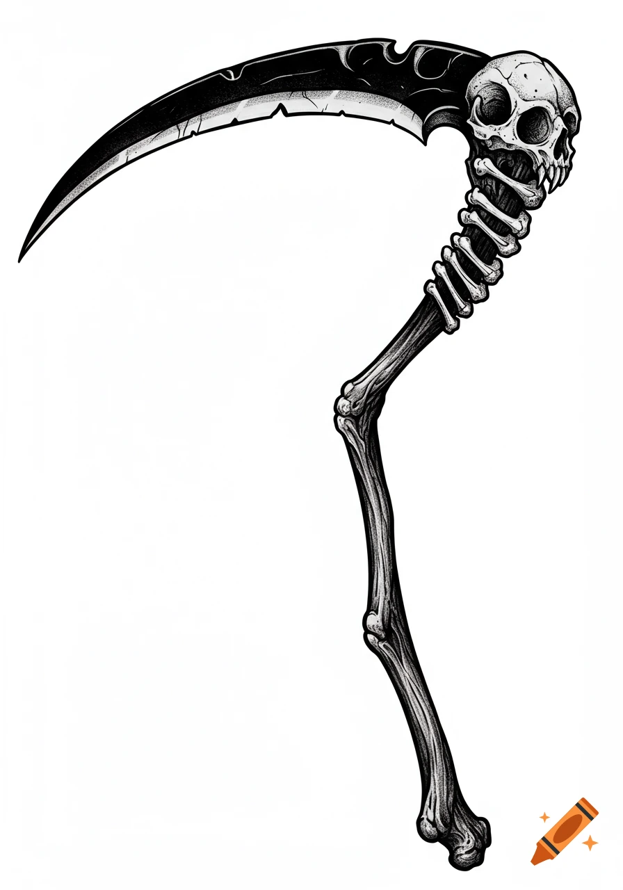 A blackwork tattoo style illustration of a gothic scythe with a skull at the handle and a long curved blade, in black and white.