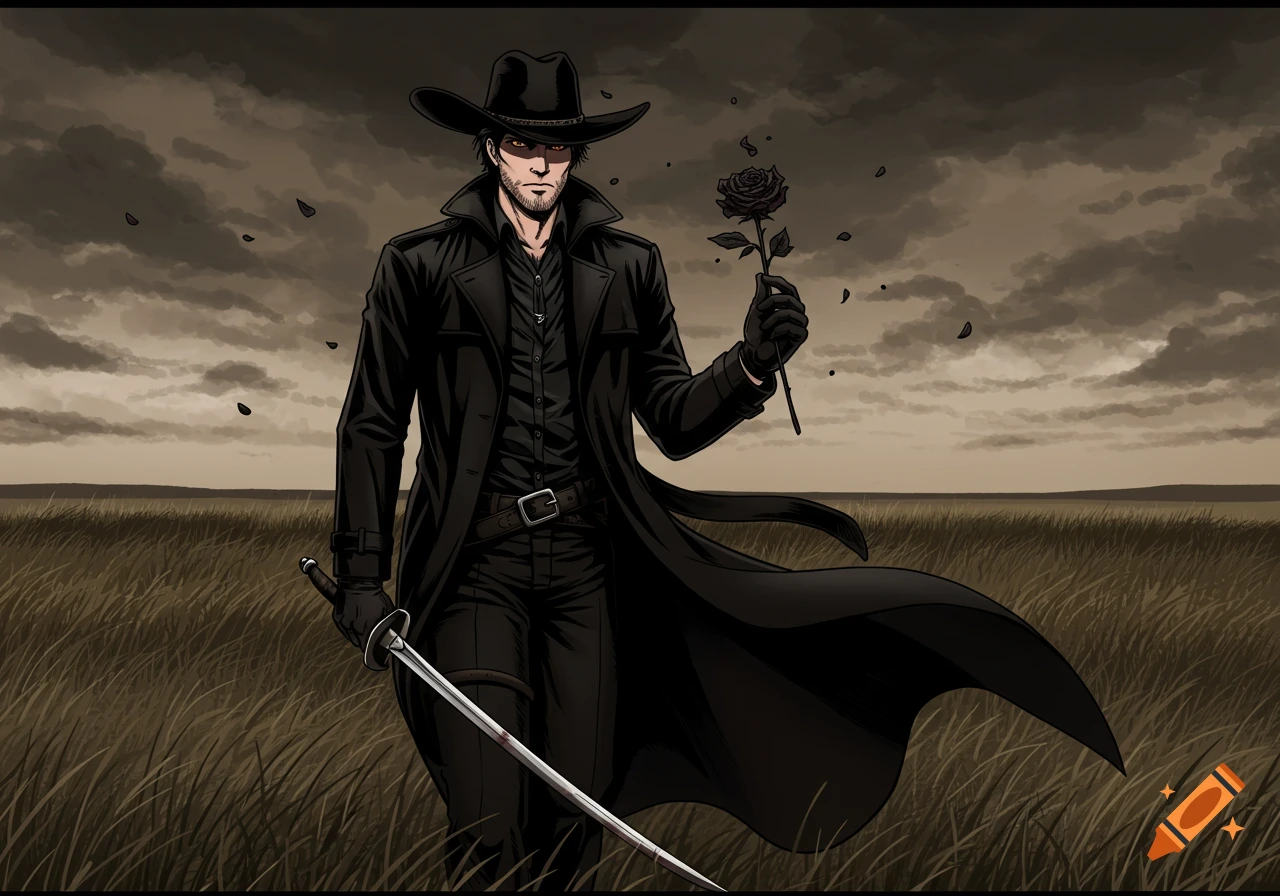 Manga illustration of a Gothic male warrior in a black cowboy hat and coat, holding a black rose and a cavalry sabre in a grassy field under a stormy sky.