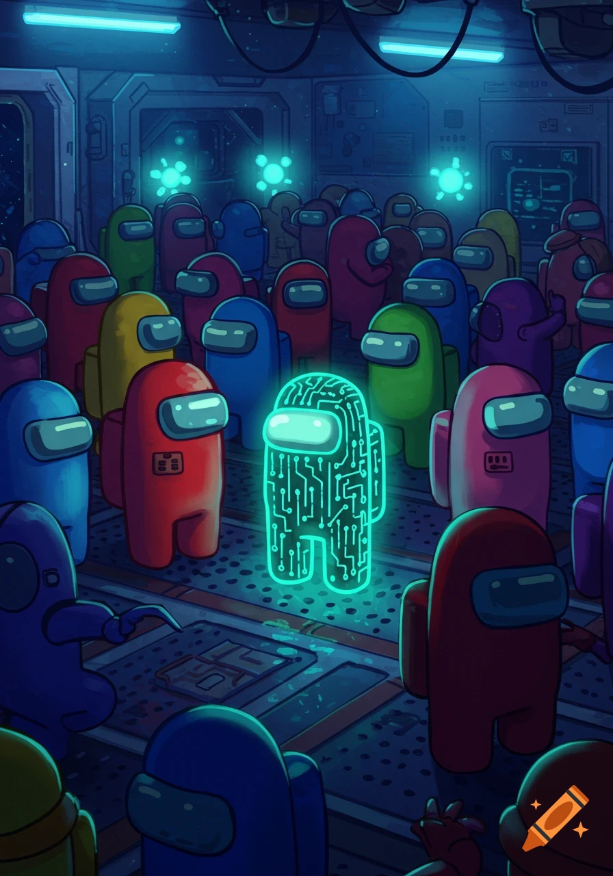 A crowd of colorful Among Us characters inside a dark spaceship, with one glowing green character with a circuit board pattern standing out in the center.