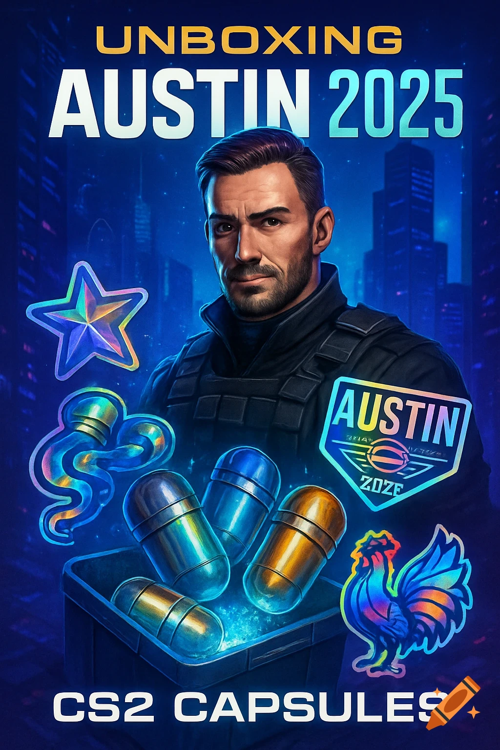 A man in tactical gear stands against a blue cityscape, surrounded by glowing capsules and holographic stickers including a star, a snake, a rooster, and a shield badge, with text "UNBOXING AUSTIN 2025 CS2 CAPSULES".