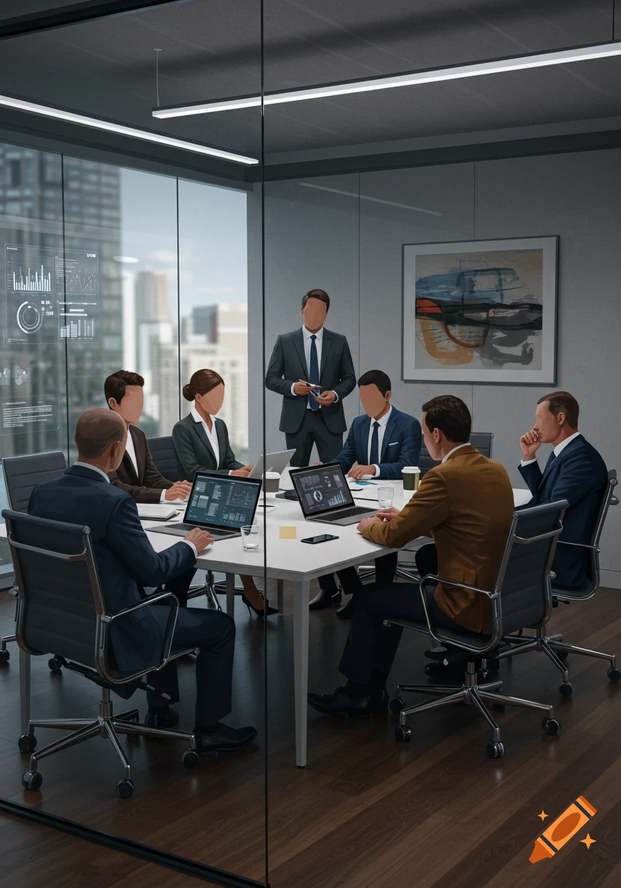 A group of professionals with blank faces attend a meeting in a modern glass-walled conference room with laptops and charts.