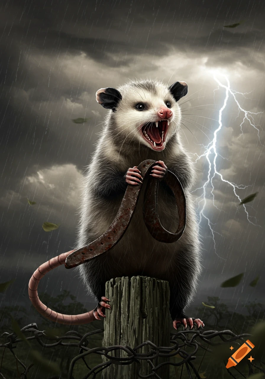 A screaming possum holding a leather belt stands on a wooden post against a stormy sky with lightning and rain. Realistic illustration.