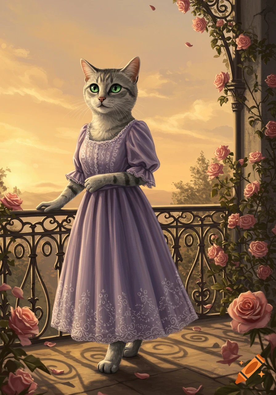A gray tabby cat in a purple dress stands on a rose-covered balcony at sunset in a painterly style.