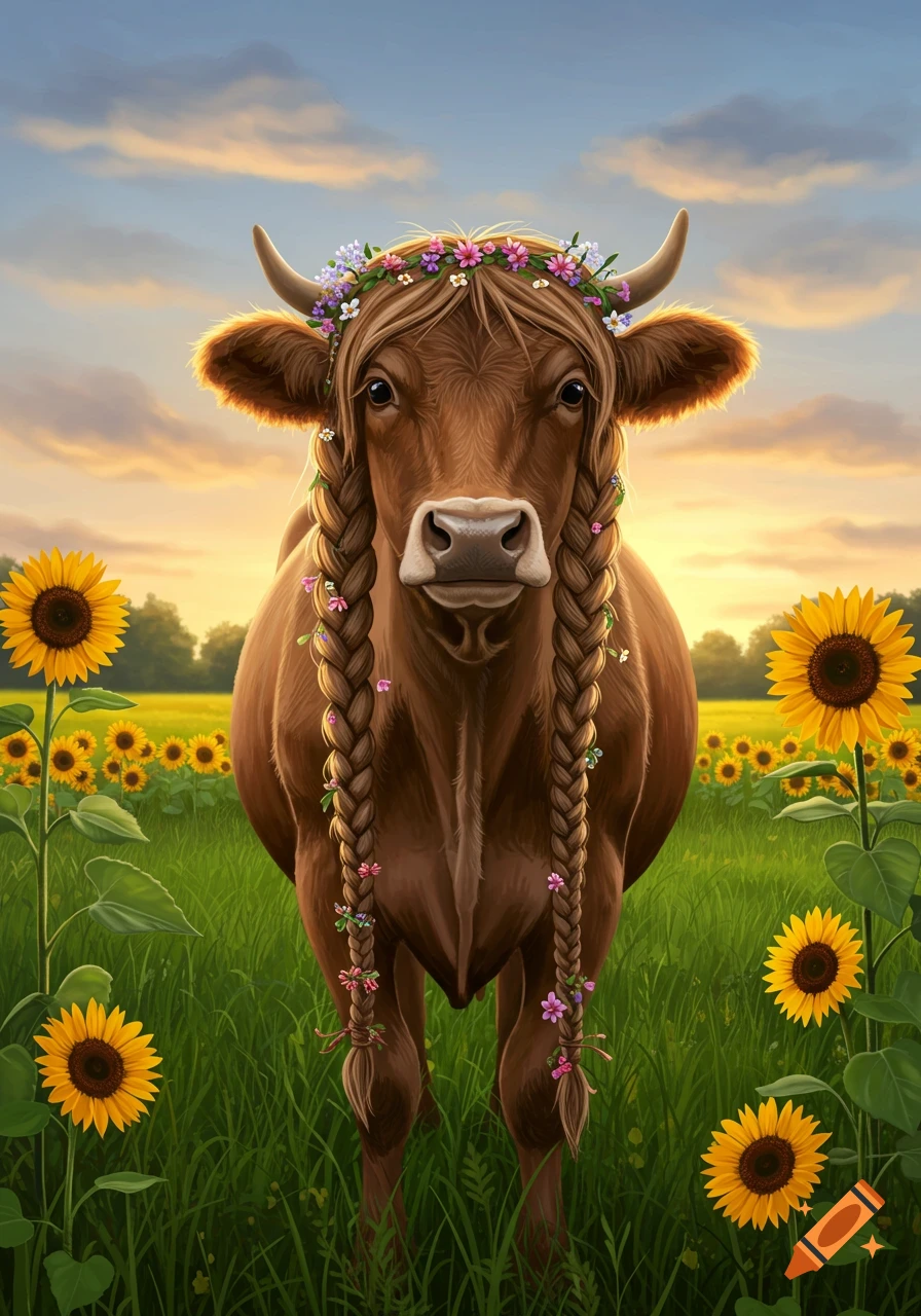 A brown cow with long braids adorned with wildflowers and a flower crown stands in a vibrant sunflower field under a cloudy sunset sky.