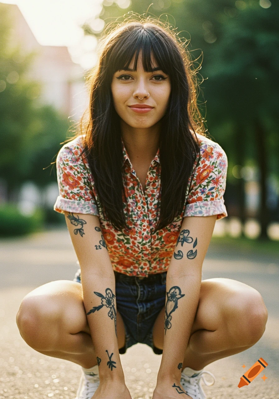 A young woman with bangs and a nose ring, wearing a floral shirt and shorts, squats outdoors, showing arm tattoos.