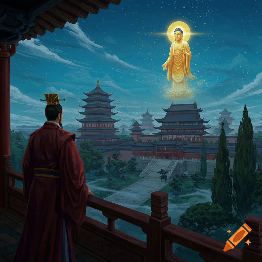 A man in traditional Chinese robes on a palace balcony looks at a golden Buddha statue floating in the night sky over imperial buildings.