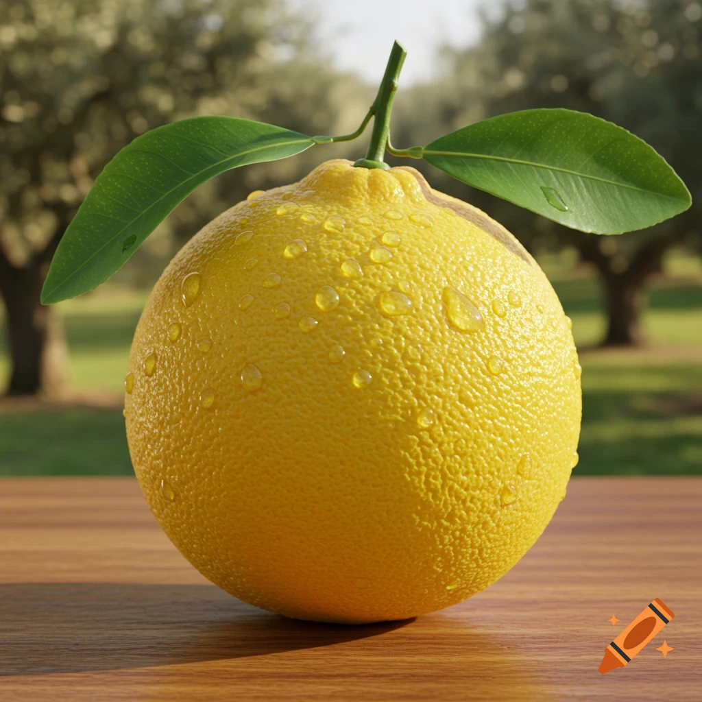 Close-up of a large, textured yellow citrus fruit with green leaves and water droplets on a wooden table, outdoor setting.
