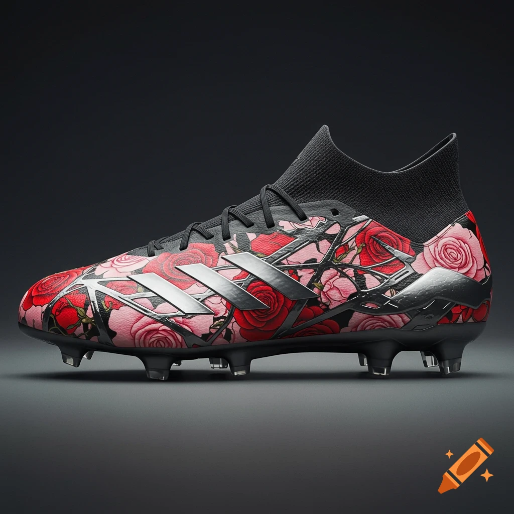 A single Adidas soccer cleat featuring a red and pink rose pattern overlaid with metallic angular branches, on a dark background.
