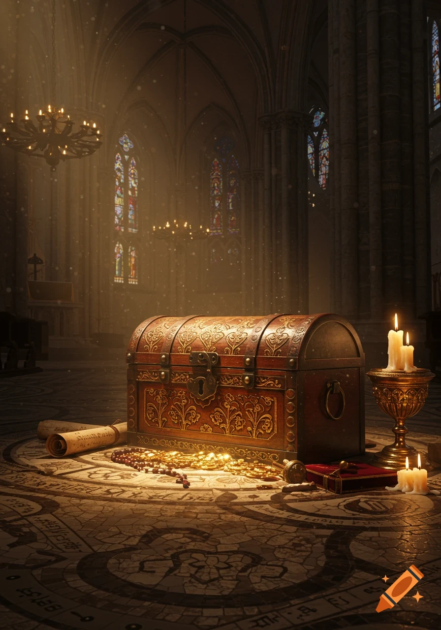 A richly decorated treasure chest sits on an ornate stone floor in a dust-filled, candlelit gothic cathedral. Scrolls and coins are scattered around it.