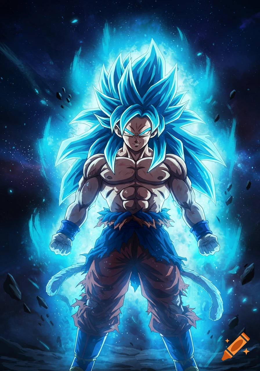 A muscular anime character, Goku, with spiky blue hair and a radiant blue aura, stands powerfully against a dark, cosmic background.