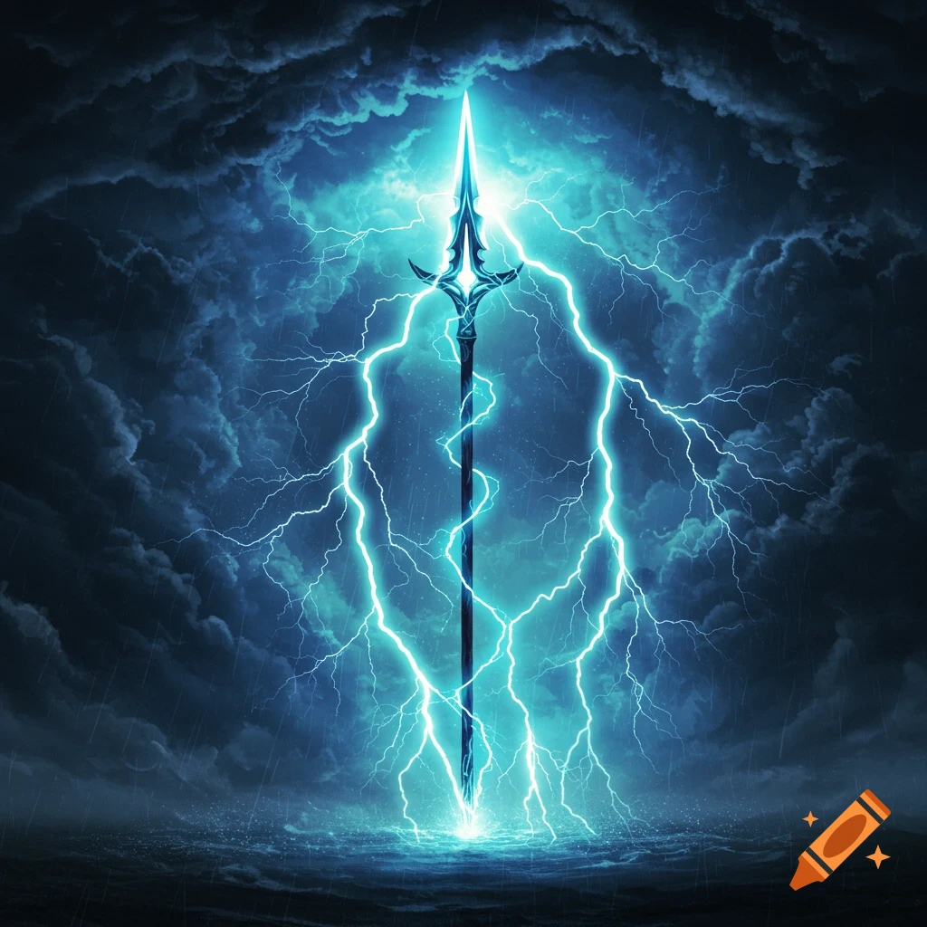 A glowing blue lightning spear stands in a dark, stormy environment with bright electrical bolts.