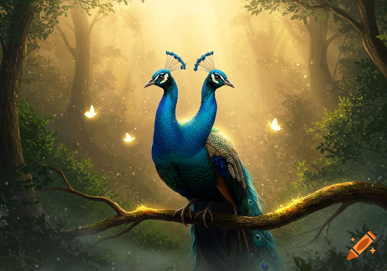 A vibrant two-headed peacock on a branch in a magical, sunlit forest with glowing butterflies, in illustrative fantasy style.