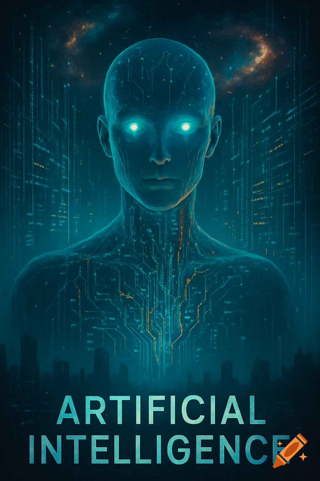 A dark blue futuristic poster of a human-like cyborg with glowing eyes and internal circuitry, digital lines, and the words 'ARTIFICIAL INTELLIGENCE'.