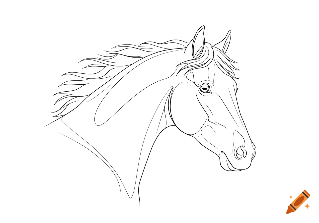Basic line art drawing of a horse's head, facing right, suitable for a coloring book.
