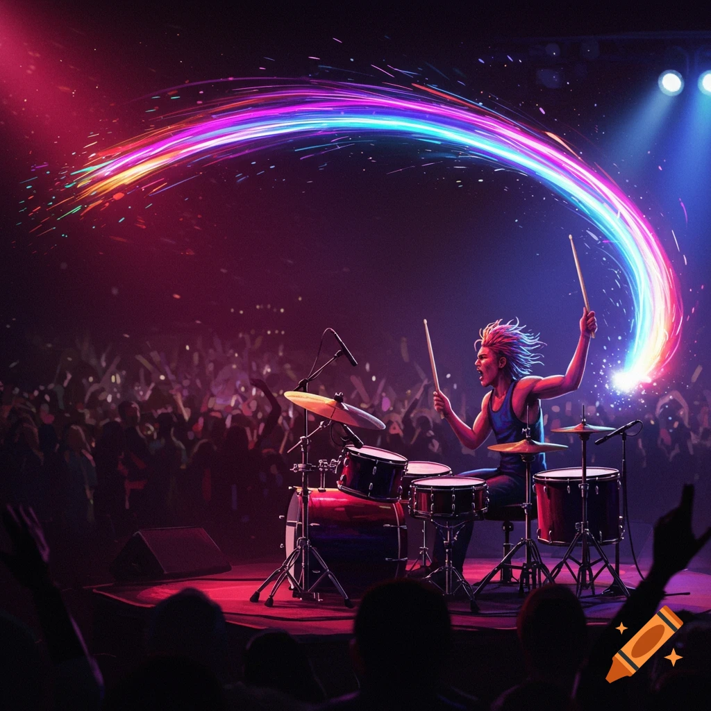 A vibrant drummer on stage performs for a large crowd, with rainbow light streaks emanating from his drumsticks.