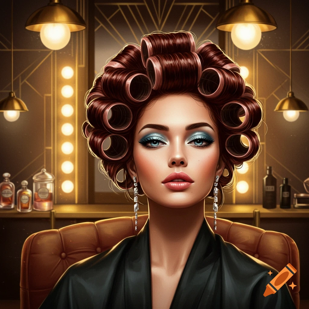 Woman with hair rollers and blue glam makeup sitting in a salon, wearing a black robe.