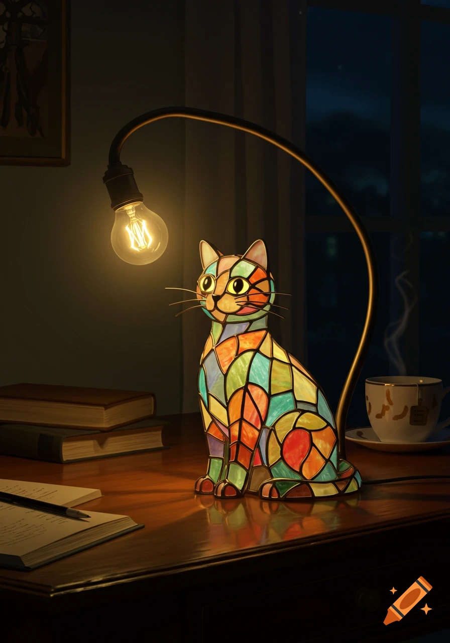 A vibrant stained-glass cat lamp sits on a dark wooden desk, lit by a bare bulb, next to books and a steaming teacup, with a window view at night.