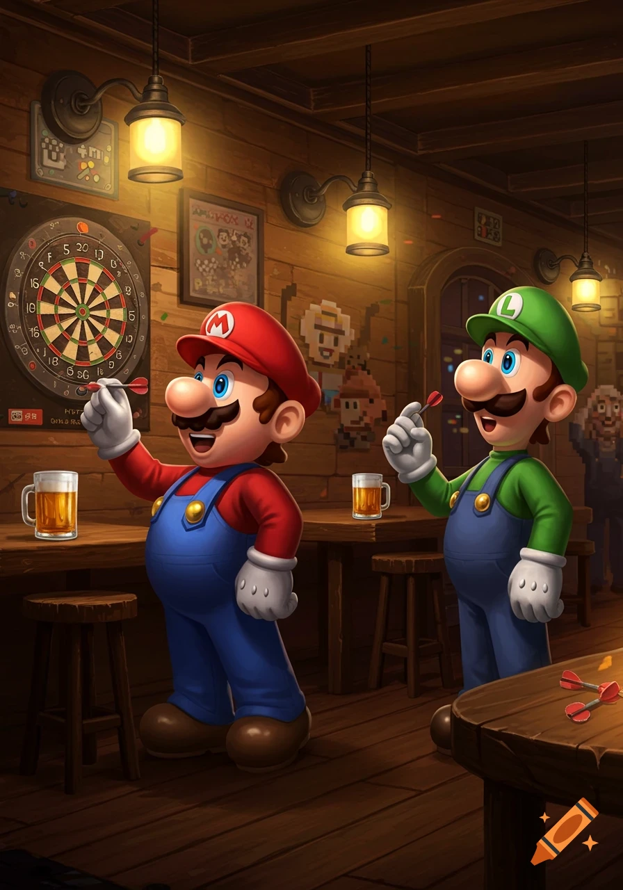 Mario and Luigi in a bar setting, holding darts and standing near a dartboard, with mugs of beer on the counter.