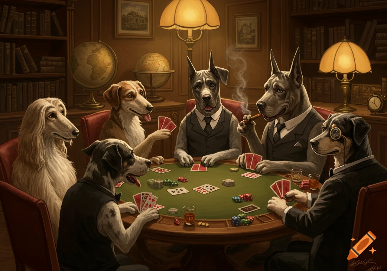 Anthropomorphic dogs in suits play poker around a green table in a dimly lit, elegant room with bookshelves and globes.