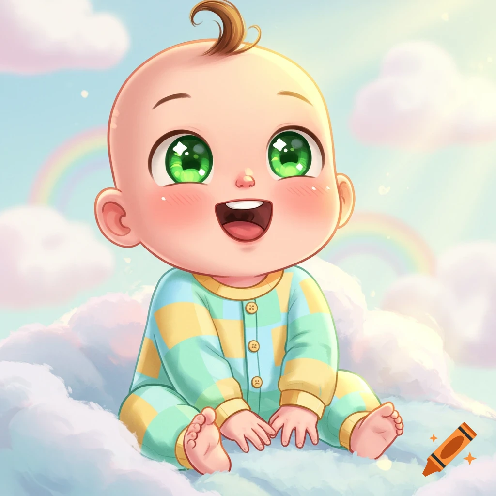 A cute cartoon baby with big green eyes and a cheerful smile, wearing a striped onesie, sitting on soft clouds with a rainbow in the sky.