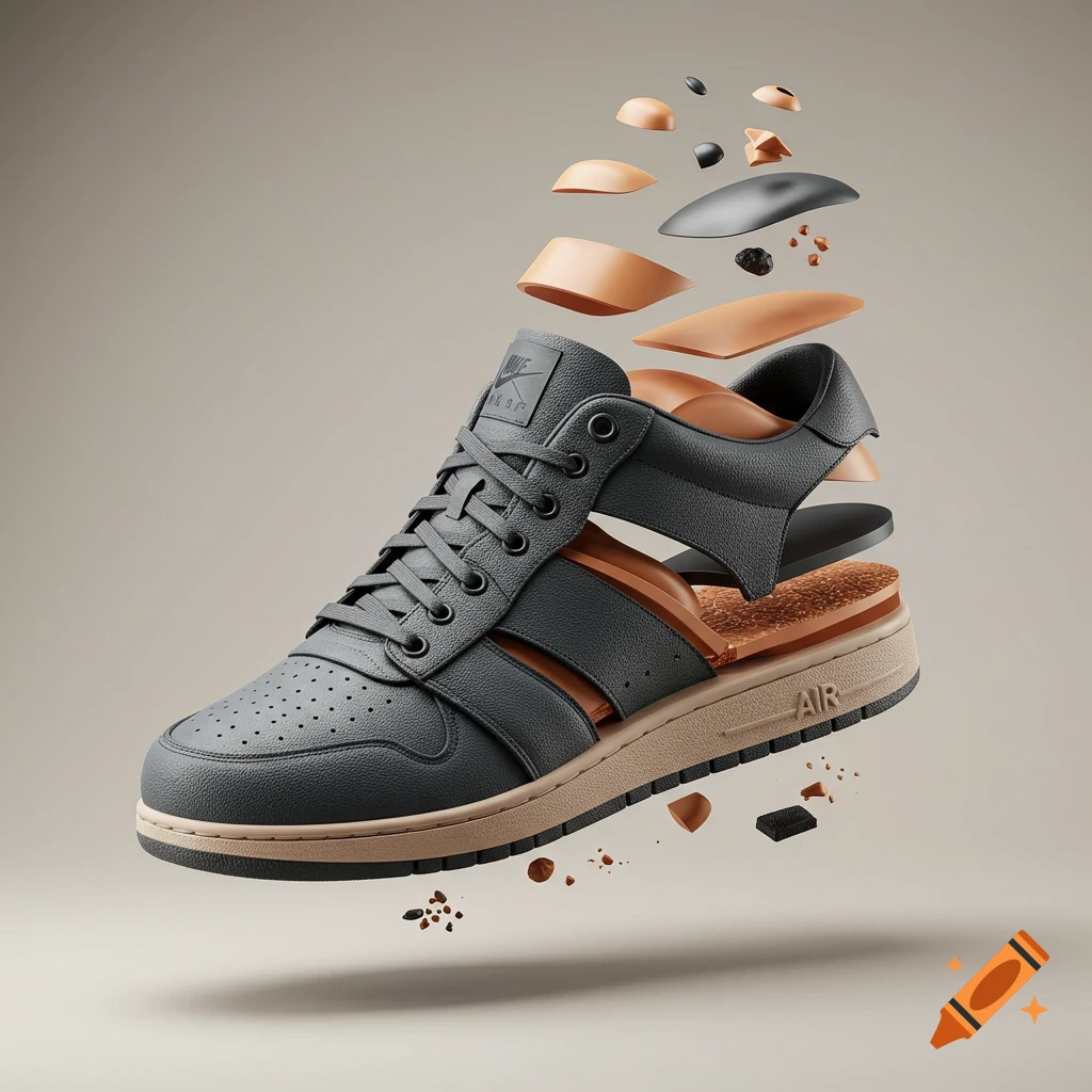 A modern grey and brown sneaker is deconstructed, with its layers floating above and below the main structure.