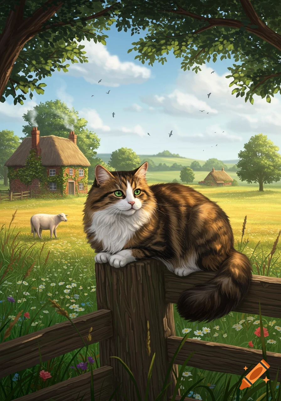 A fluffy brown and white cat with green eyes rests on a wooden fence in a sunny countryside with a cottage and sheep.