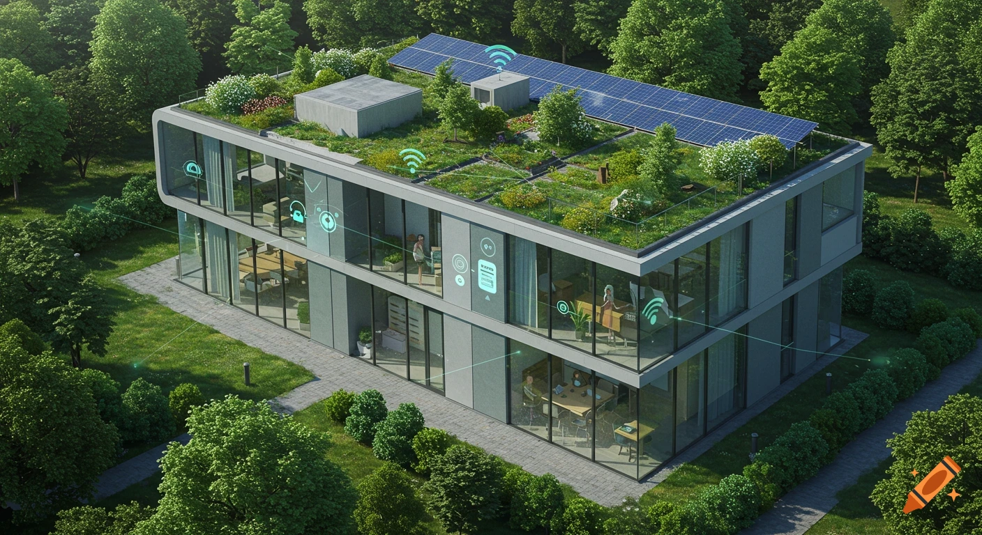 Modern sustainable building with green roof, solar panels, and smart tech features amidst lush trees.