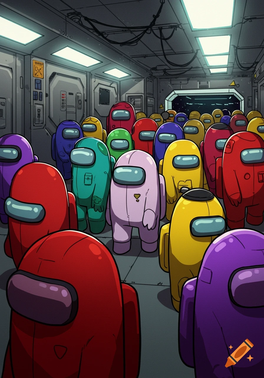 A crowd of colorful Among Us characters stands in a spaceship hallway in a cartoon style.
