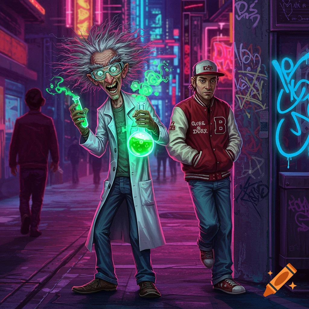 A mad scientist with wild hair and glowing green beakers stands next to a young man in a red jacket and baseball cap, both in a neon-lit cyberpunk alley with graffiti.