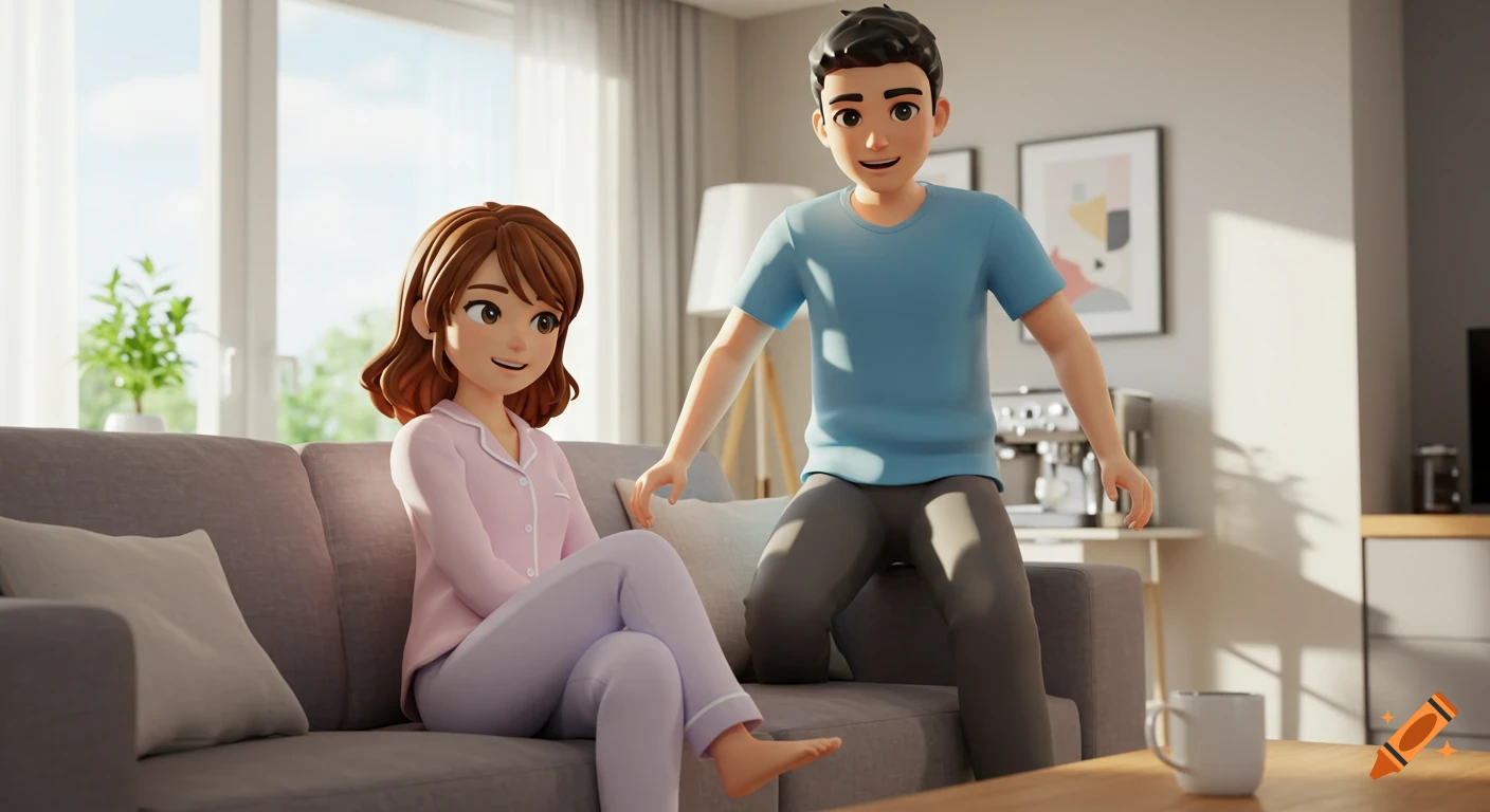 Anime 3D illustration of a woman in pajamas on a sofa and a man in a t-shirt and sweatpants next to her in a bright living room.