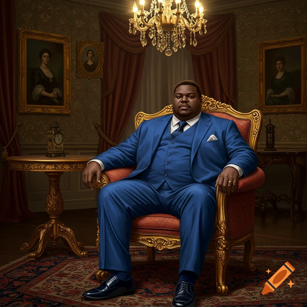 A confident Black man in a blue suit sits regally in a golden armchair within a luxurious, richly decorated room.