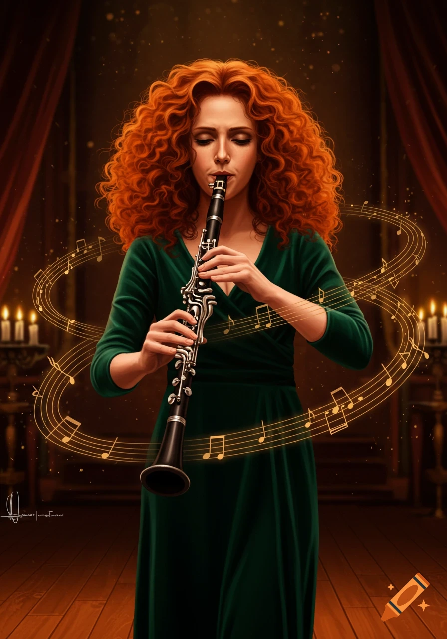 A red-haired woman with curly hair in a green dress plays the clarinet, surrounded by glowing musical notes in a dimly lit room.