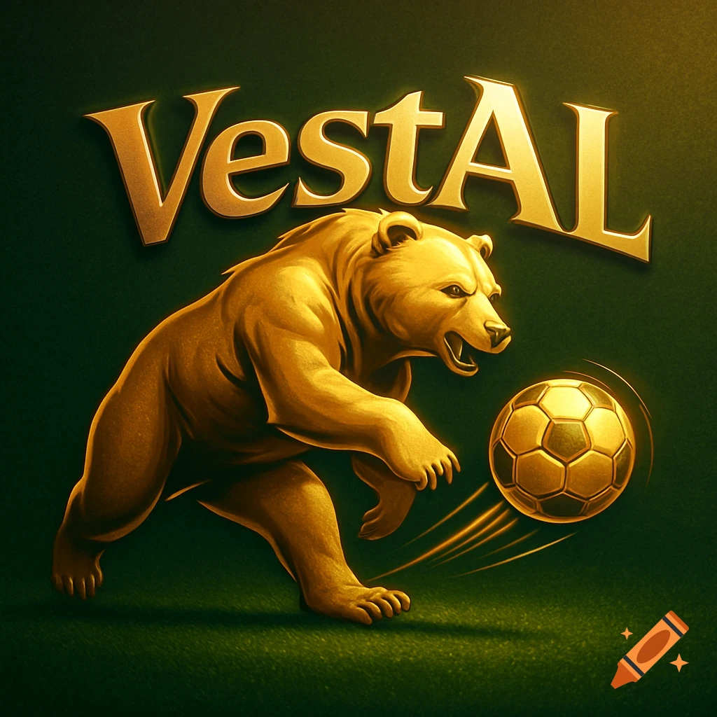 A stylized golden bear kicking a golden soccer ball on a green turf background, with the text 'VestAL' above. Illustration.