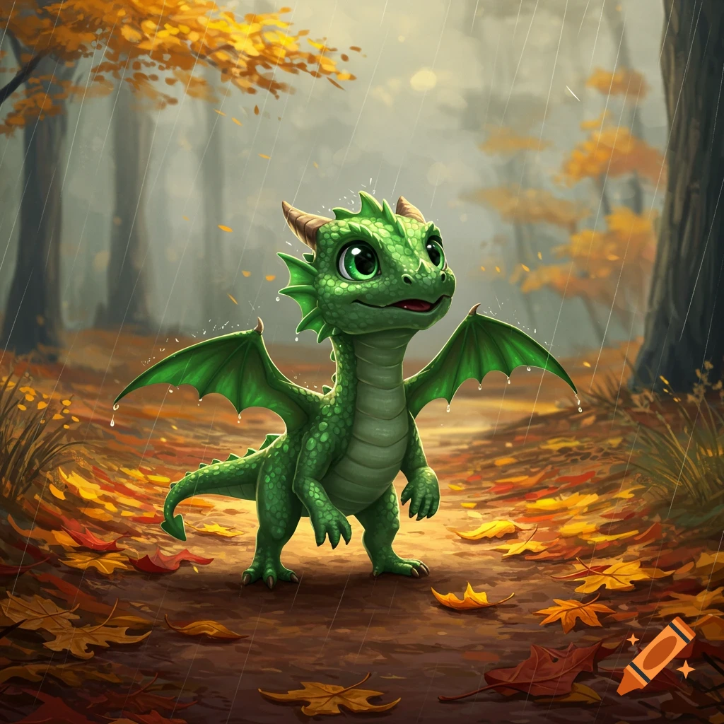 A cute, green baby dragon with large eyes stands on a forest path covered in autumn leaves, as light rain falls.