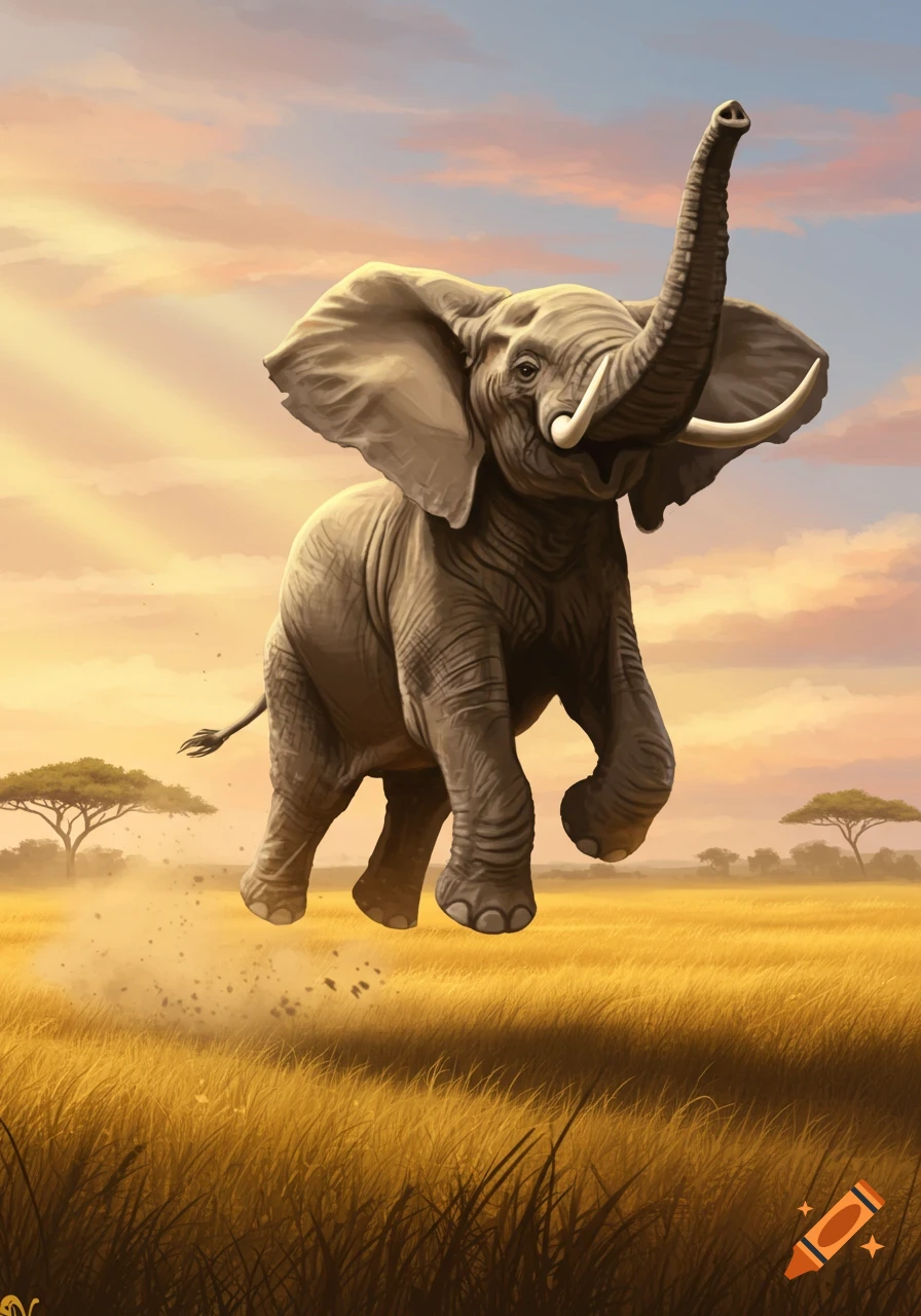 A large elephant leaps through a golden savannah, dust rising, under a colorful sky with sunbeams.