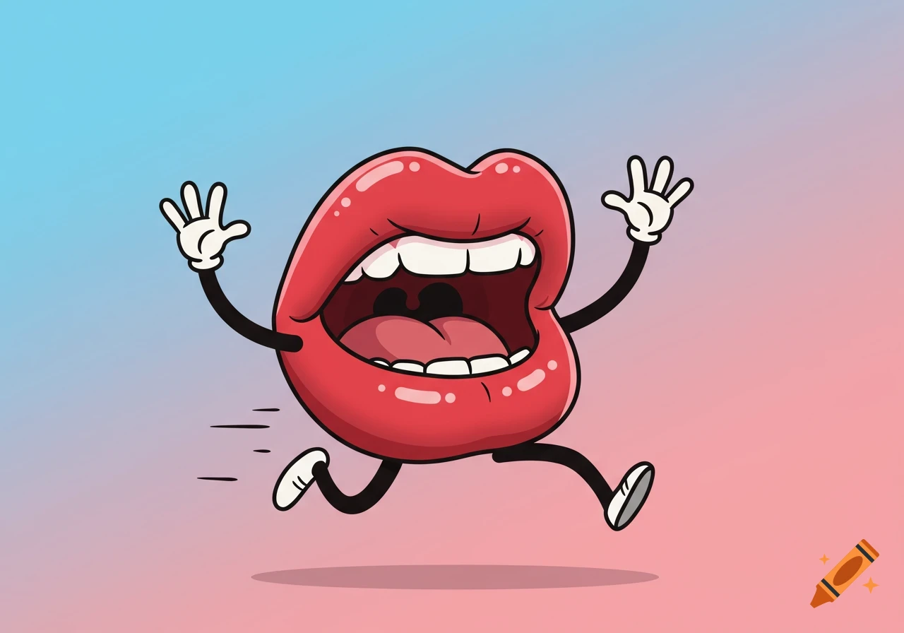 A joyful, dynamic cartoon mouth with arms and legs runs and waves against a blue and pink gradient background.