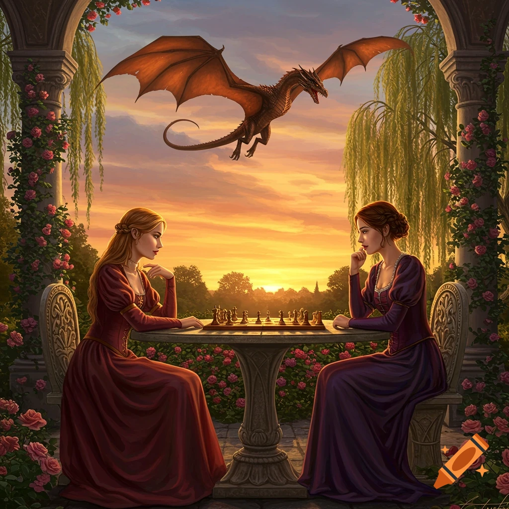 Two women in medieval dresses play chess in a rose garden at sunset while a dragon flies overhead. Fantasy art.