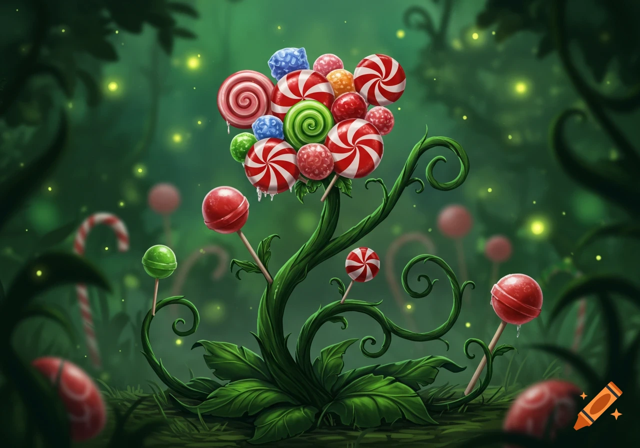 A fantastical plant with a thick green stem grows colorful lollipops and candies in a magical, glowing forest.