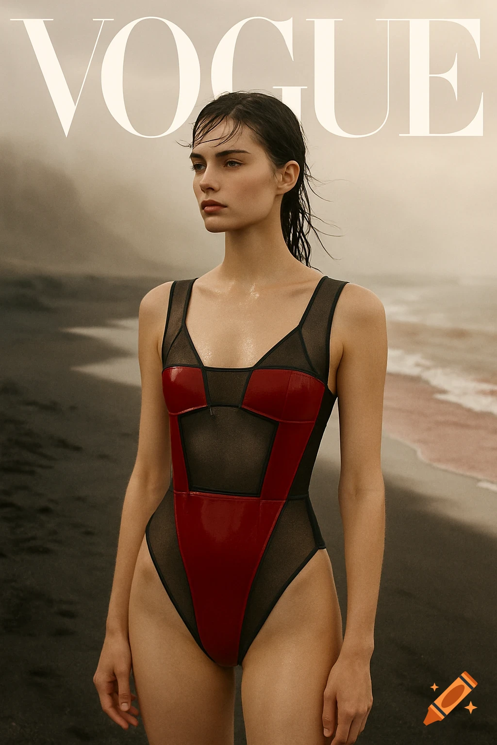 A woman in a black and red monokini poses on a hazy volcanic beach under the "VOGUE" logo, styled as a magazine cover.