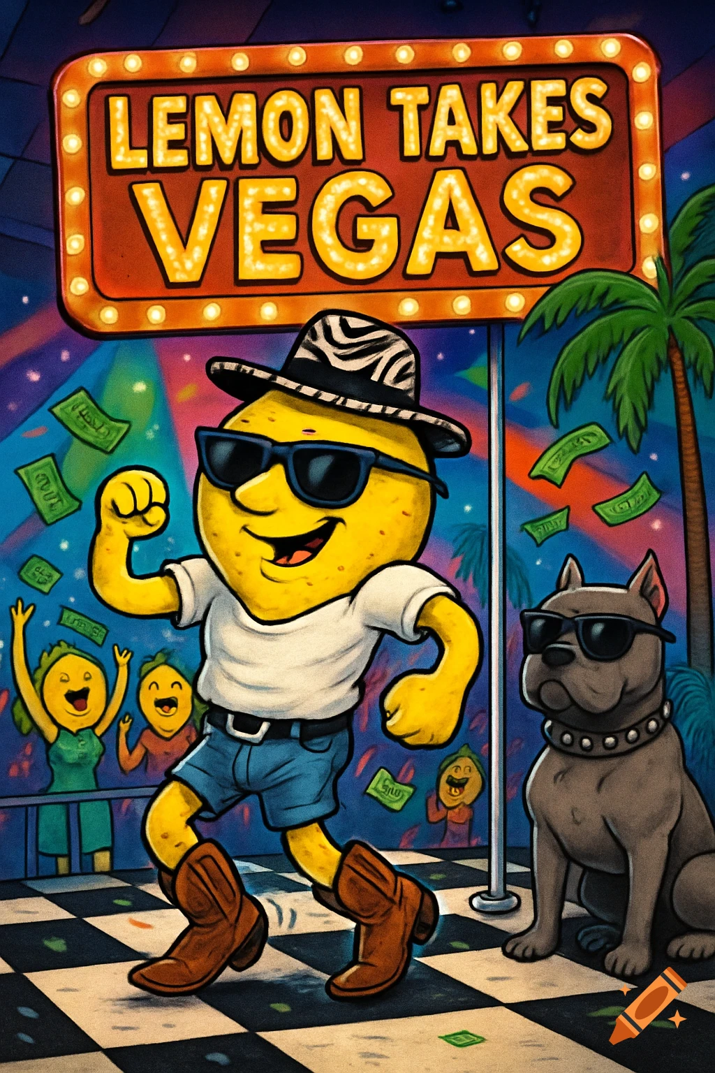 A cartoon lemon man in a hat and sunglasses dances on a checkered stage with money flying, next to a pitbull, under a 'LEMON TAKES VEGAS' sign.