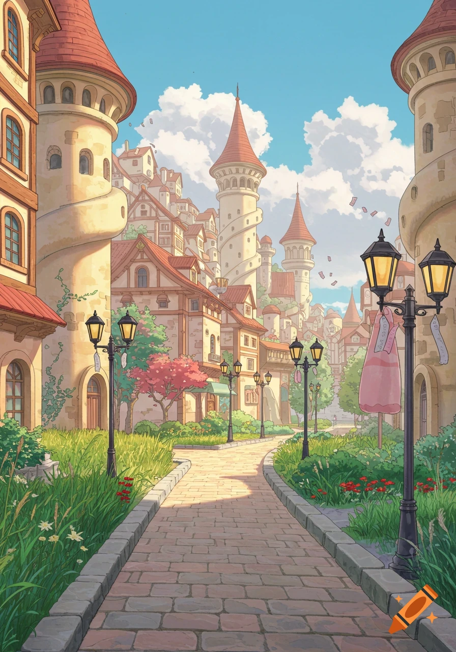 A vibrant anime-style cityscape with winding cobblestone streets, red-roofed buildings, and lush greenery under a blue sky.