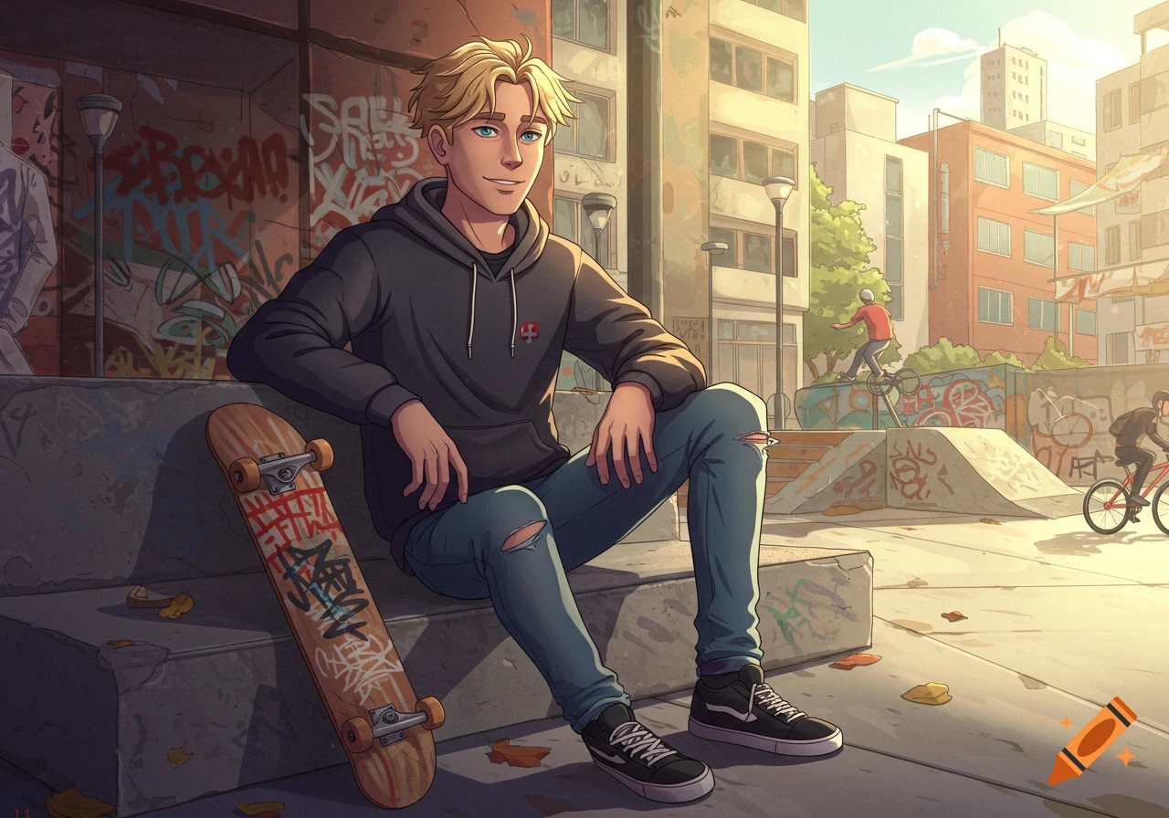 An animated young man with blonde hair sits casually with a skateboard in a sunny, graffiti-filled skate park.