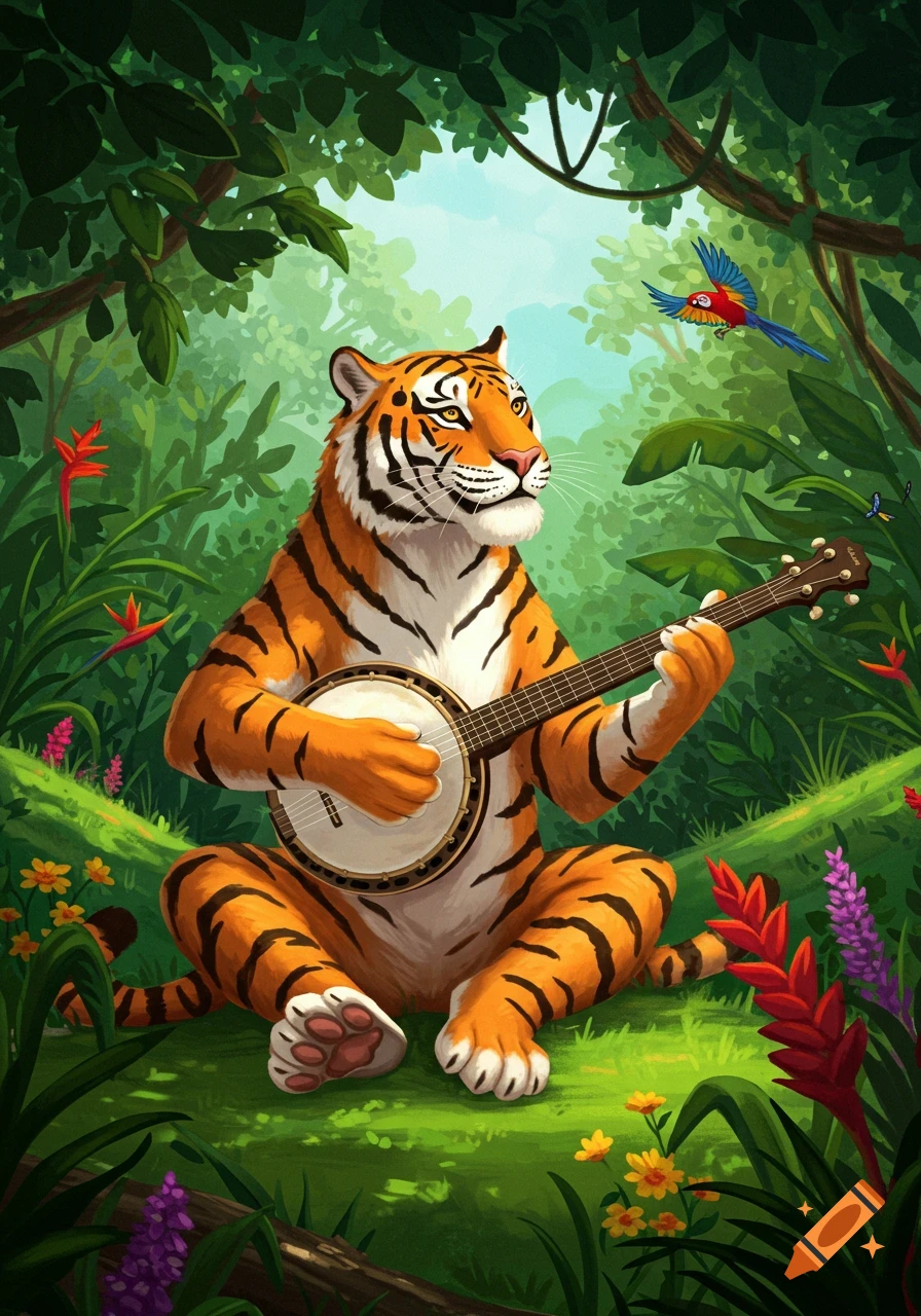 A whimsical illustration of an orange tiger sitting in a lush green jungle, happily playing a banjo as a colorful parrot flies overhead.
